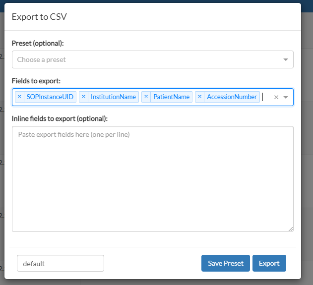 The "Export to CSV" form.