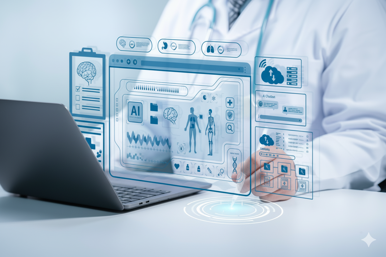 Medical Health Cloud data Concept. A doctor analyzing with a tablet and laptop, accessing medical cloud data via holographic interfaces displaying patient information, AI insights and body scans.